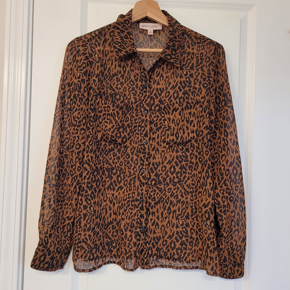 Philosophy sheer blouse Whimsical Animal Leopard print Button Front Small Brown